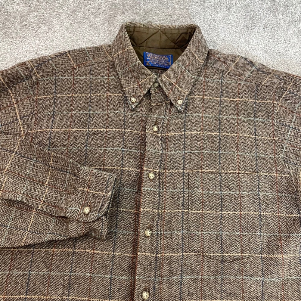 Pendleton Wool Mens Medium Button Down Brown Herringbone Plaid Shirt Flannel